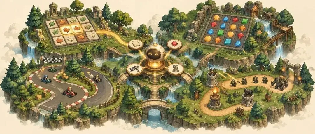 四款游戏共用同一套决策回路:程序给出合法动作,Jev 选择,游戏代码执行